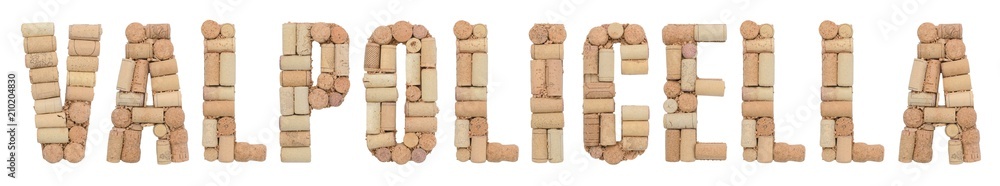 Word Valpolicella made of wine corks Isolated on white background
