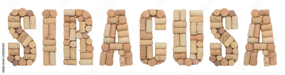 Word Siracusa made of wine corks Isolated on white background