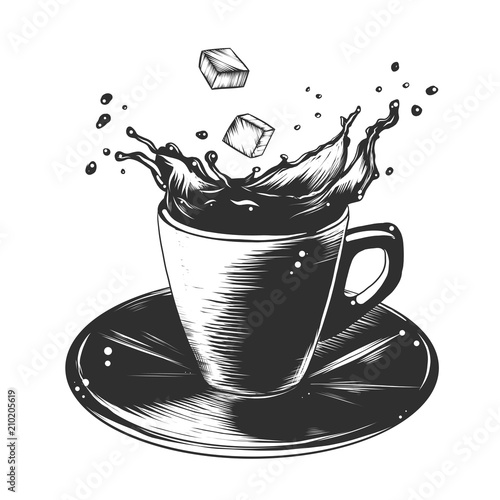 Vector engraved style illustration for posters, decoration and print. Hand drawn sketch of cup of coffee in monochrome isolated on white background. Detailed vintage woodcut style drawing.