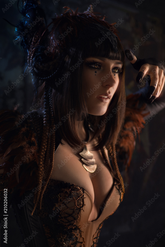 Wunschmotiv: Portrait of brunette woman with dark gothic makeup and creative hairstyle #210206032