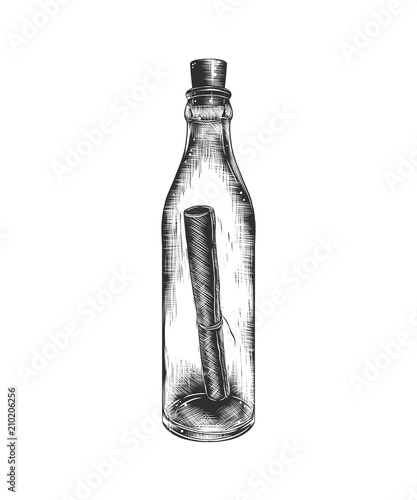 Vector engraved style illustration for posters, decoration and print. Hand drawn sketch of letter in the bottle in monochrome isolated on white background. Detailed vintage woodcut style drawing.