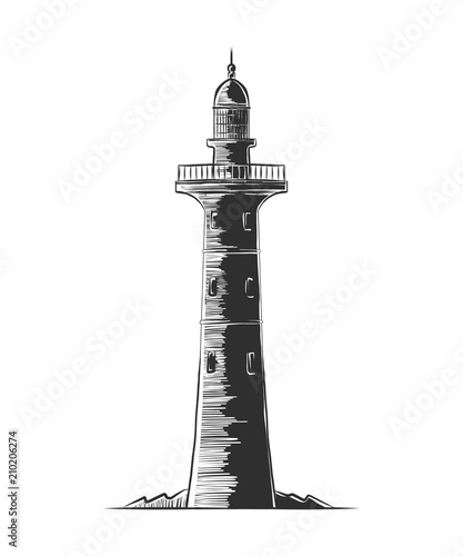 Vector engraved style illustration for posters, decoration and print. Hand drawn etching sketch of lighthouse in monochrome isolated on white background. Detailed vintage woodcut style drawing.