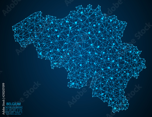 A map of Belgium consisting of 3D triangles, lines, points, and connections. Vector illustration of the EPS 10.