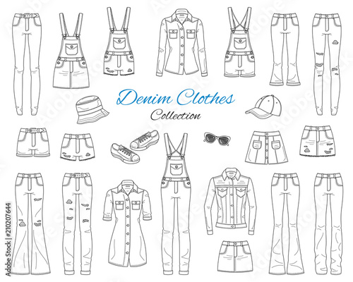 Denim clothes collection. Vector sketch illustration.