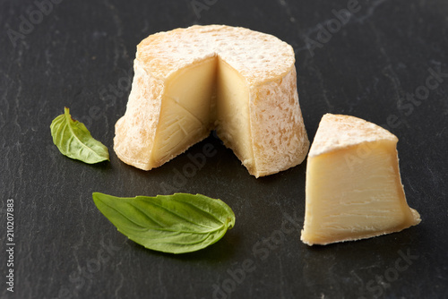 Crottin cheese with basil leaves on black stone background