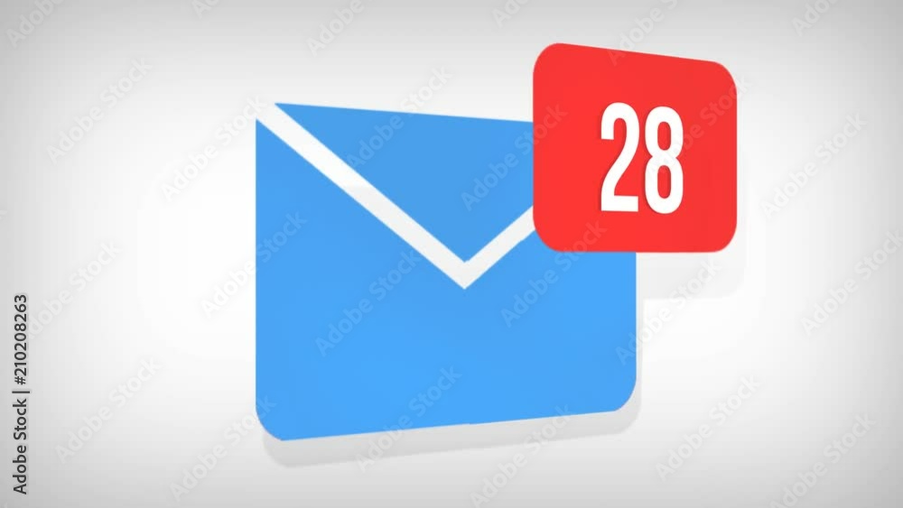 Animation of Email envelope with auto counting number on red circle. White background, 4K Animation of Email envelope with auto counting number on red circle. White background, 4K