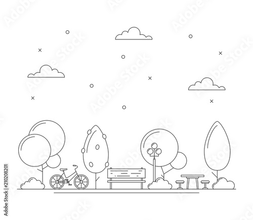 Line art city park illustration with trees, bench, bicycle, table for picnic or chess. Town concept. Thin line art icons. Black and white. Vector isolated on white