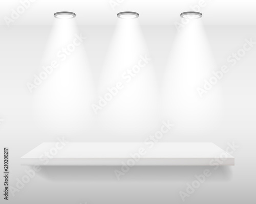 White realistic empty shelf on white wall with bright top lights. Vector illustration, mockup background