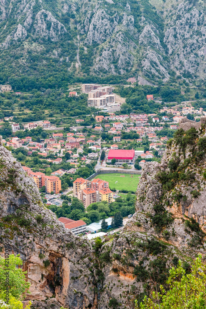 View from above to the Kotor city and mountains on Adriatic sea coastline in Montenegro, gorgeous landscape