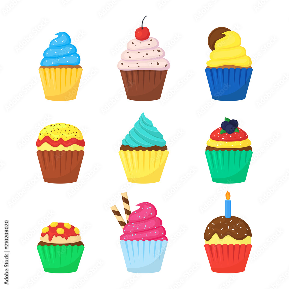 Cute delicious colorful muffins set with sweet toppings. Food dessert for cafe, shop promo. Bakery products and pastry theme. Cupcakes isolated on white. Flat style vector illustration. Cute delicious colorful muffins set with sweet toppings. Food dessert for cafe, shop promo. Bakery products and pastry theme. Cupcakes isolated on white. Flat style vector illustration.
