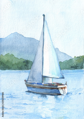Sailboat with white sails in the lake on the beautiful mountains background. Watercolor hand drawn illustration. photo