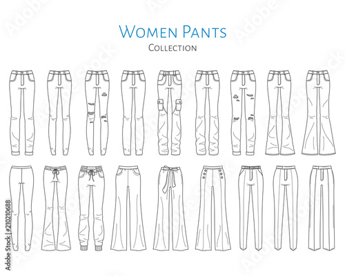 Women pants collection, vector sketch illustration.