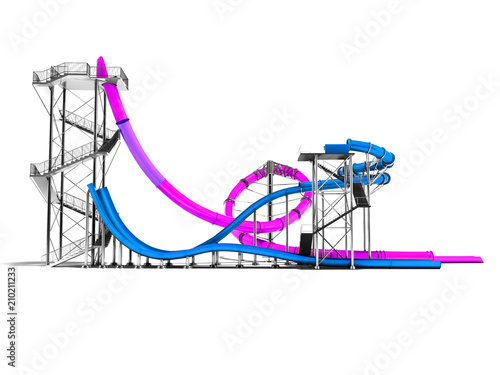 Modern two purple and dark blue water slides for the water park on the side 3d render on a white background with shadow photo