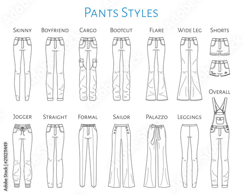Women pants collection, vector sketch illustration.
