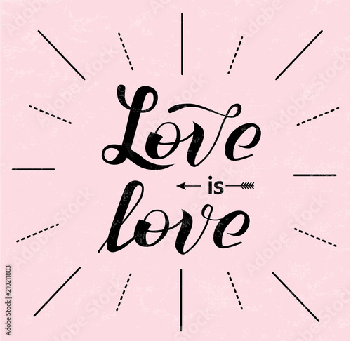 Hand drawn Love is love black lettering text on pink textured background, vector illustration. Love for invitation, banner, logo and postcards. Wedding phrase. Happy St valentines day calligraphy. photo