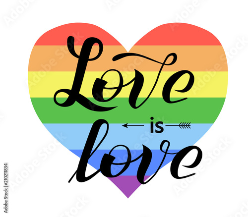 Love is love lettering on rainbow heart background. Gay rights concept. Vector hand lettering, homosexuality emblem. Banner, poster, card, invitation card typographic vector design. St valentines day. photo