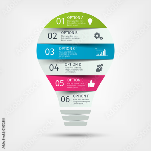 Modern colorful light bulb infographics. Business startup idea lamp concept with 6 options, parts, steps or processes. Template for presentation, chart, graph. Vector illustration.