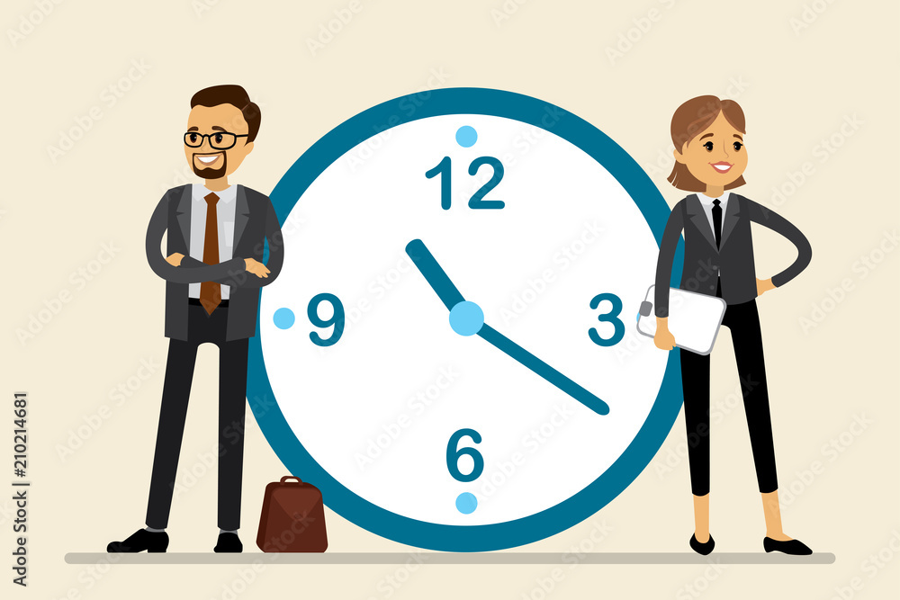 Caucasian Business man and woman stand next to a big clock Caucasian Business man and woman stand next to a big clock