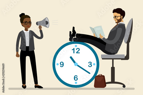 businesswoman boss with megaphone and relaxed caucasian office worker