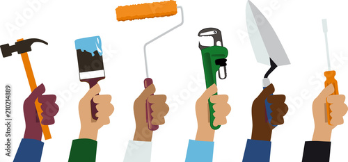 Hands of handymen holding work tools, EPS 8 vector illustration