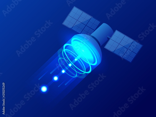 Isometric GPS satellite. Wireless satellite technology. World global net. Equipment for satellite TV and radio broadcasting. Vector illustration