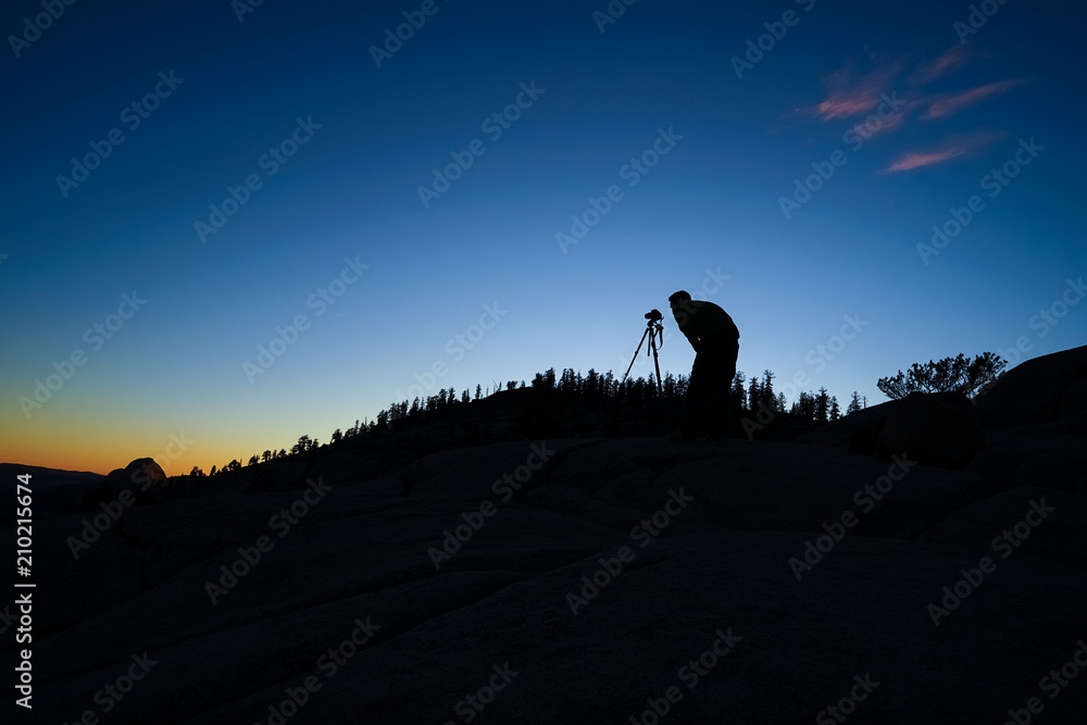 Landscape Photographer With Camera and Tripod, Silhouette During Sunrise