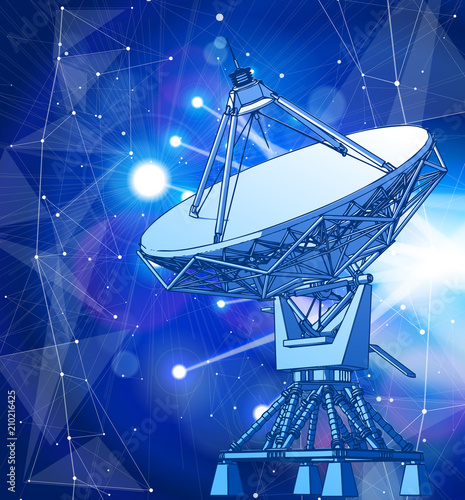 Satellite Dishes Antenna - doppler radar, digital wave and blue technology background - abstract illustration of science, astronomy, information technology, network solutions  and digital technologies