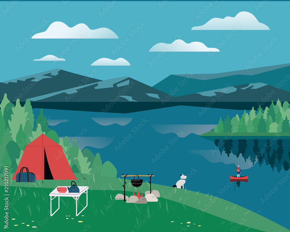 Summer nature landscape. Colorful cartoon. Vacation season leisure banner background. Fisherman on calm river water. Camping on green hill. Mountain valley lake view. Outdoors vector Illustration Summer nature landscape. Colorful cartoon. Vacation season leisure banner background. Fisherman on calm river water. Camping on green hill. Mountain valley lake view. Outdoors vector Illustration