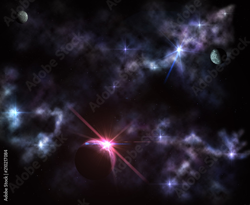 Fototapeta Naklejka Na Ścianę i Meble -  starry landscape, a star in a nebula, a planet against the background of a galaxy, the universe, 3D rendering