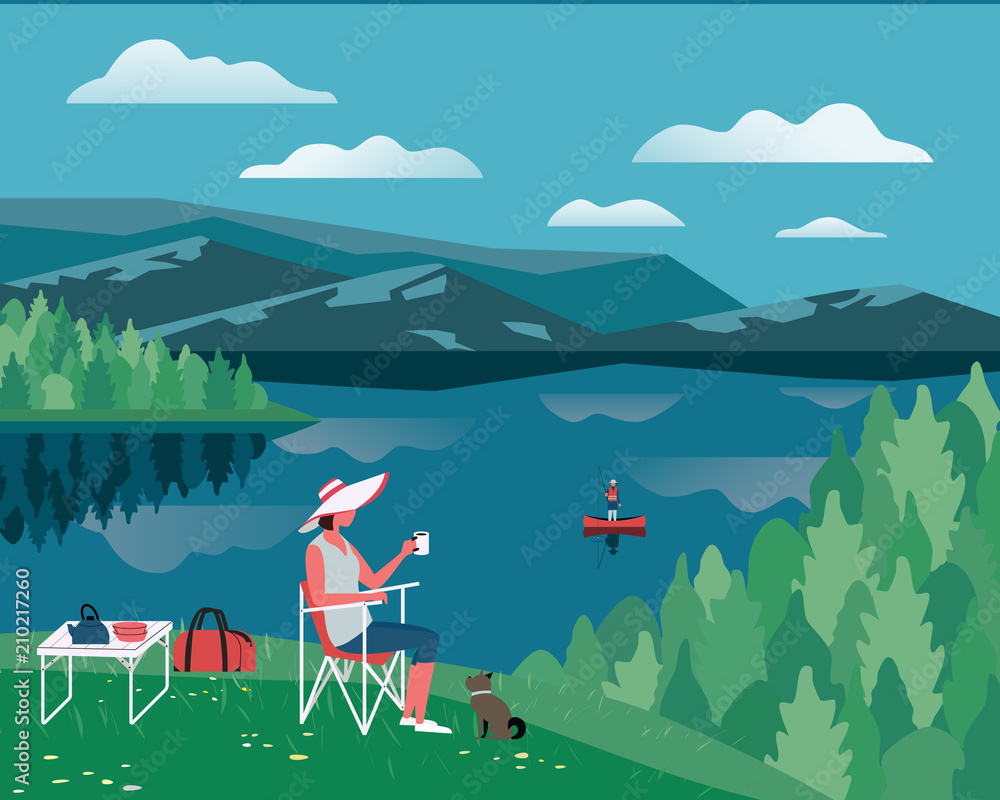 Summer nature landscape. Colorful cartoon. Vacation season leisure banner  background. Fisherman, calm river water. Family picnic on green hill.  Mountain valley lake view. Outdoors vector Illustration Stock Vector |  Adobe Stock