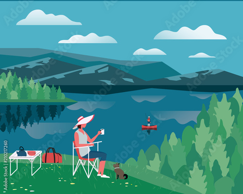 Summer nature landscape. Colorful cartoon. Vacation season leisure banner background. Fisherman, calm river water. Family picnic on green hill. Mountain valley lake view. Outdoors vector Illustration
