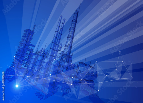 modern chemical manufacturing plant on a blue technological background with a stylized digital wave - the concept of modern technology, the new industrial revolution & information technology / vector