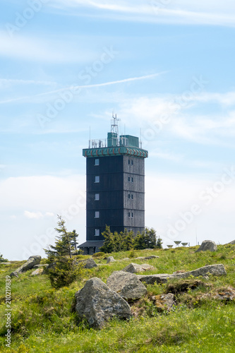 Weather station on top of the Brocken with sign “Prohibited for Nature Protection”, Harz Mountains, Germany