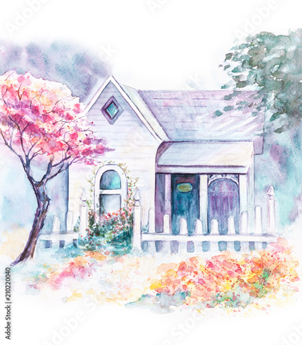 Watercolor house in the garden