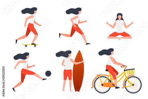 Vector set of girls in different summer activities - skate, running, yoga, football, surfing, cycling.