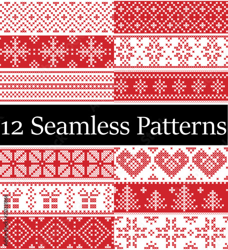  Nordic style vector samples  inspired by Scandinavian Christmas, festive winter seamless pattern in cross stitch with heart, snowflake, Christmas tree, snow, decorative ornaments red, white 