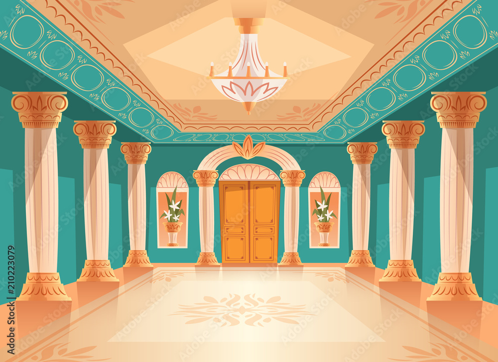 Ballroom or palace reception hall vector illustration of luxury museum or  chamber room. Cartoon royal blue interior background with chandelier, vases  and decoration on ceiling, walls and columns Stock Vector | Adobe