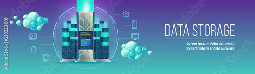 Data storage vector illustration of internet server for digital files sharing and transfer technology. IT web cloud and wireless communication network for computers and smart devices