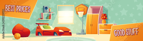 Kid room furniture advertisement illustration of home interior collection for store, banner or poster template. Boy bedroom best price for car bed, chair and drawer on cartoon interior background