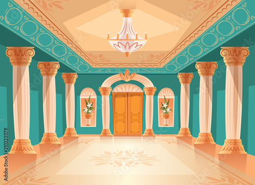 Ballroom or palace reception hall vector illustration of luxury museum or chamber room. Cartoon royal blue interior background with chandelier, vases and decoration on ceiling, walls and columns
