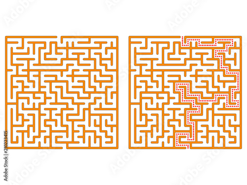 Maze in square. Labyrinth with solution. Maze symbol. Isolated on white background