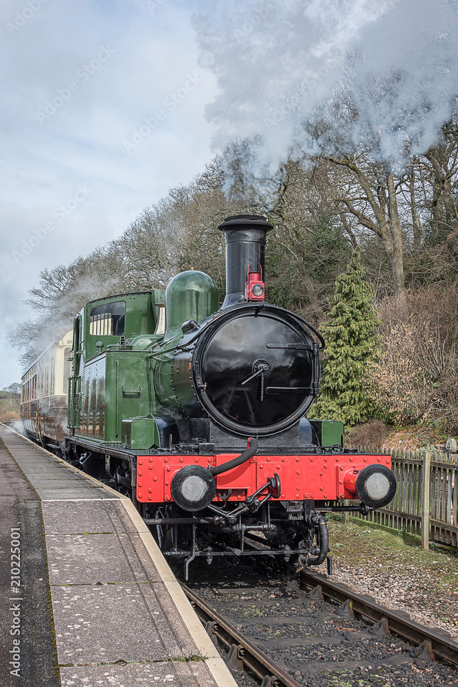 Fototapeta premium Pionowy format pionowy przedstawiający lokomotywę parową czekającą przy peronie na wiejskim dworcu kolejowym i część wychodzącą z komina