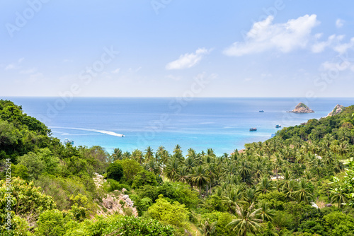 Beautiful nature landscape blue sea at Aow leuk bay under the summer sky from high scenic view point on Koh Tao island is a famous tourist attraction in the Gulf of Thailand  Surat Thani  Thailand