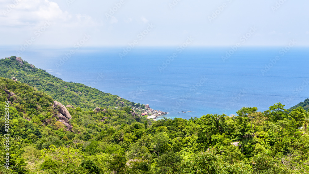 Beautiful nature landscape blue sea at Aow leuk bay under the summer sky from high scenic view point on Koh Tao island is a famous tourist attraction in Surat Thani, Thailand, 16:9 widescreen