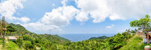 Panorama high angle view beautiful nature landscape blue sea at Aow leuk bay under the summer sky from viewpoint on Koh Tao island is a famous tourist attraction in Surat Thani, Thailand