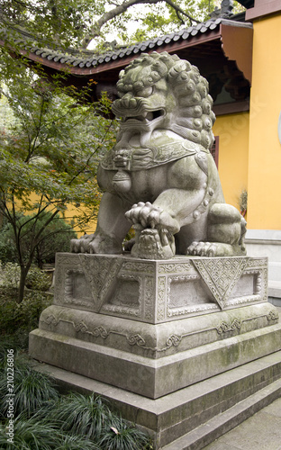 Lion statue in front of Lingyin temple in Hangzhou  China