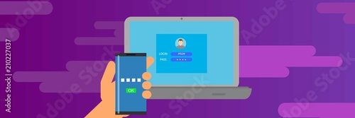 Smartphone laptop login banner horizontal. Flat illustration of vector smartphone laptop login banner horizontal for web design