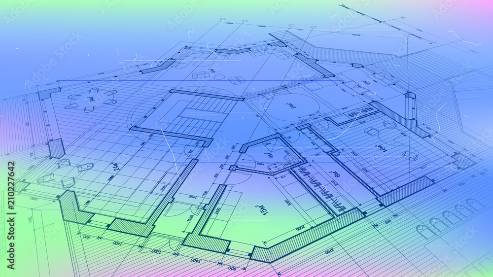 architectural blueprint - the architectural plan of a modern residential building with the layout of the interiors of different rooms, elements of furniture & equipment on a technological background architectural blueprint - the architectural plan of a modern residential building with the layout of the interiors of different rooms, elements of furniture & equipment on a technological background