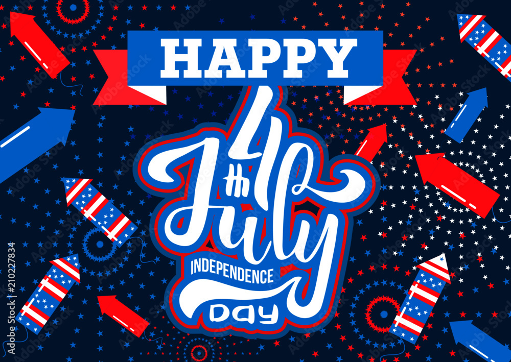Naklejka premium Hand lettering July 4th Independence Day USA. Hand drawn Calligraphic type lettering composition of 4th of July design. For greeting cards, banners, invitation, print,. Vector Illustration.