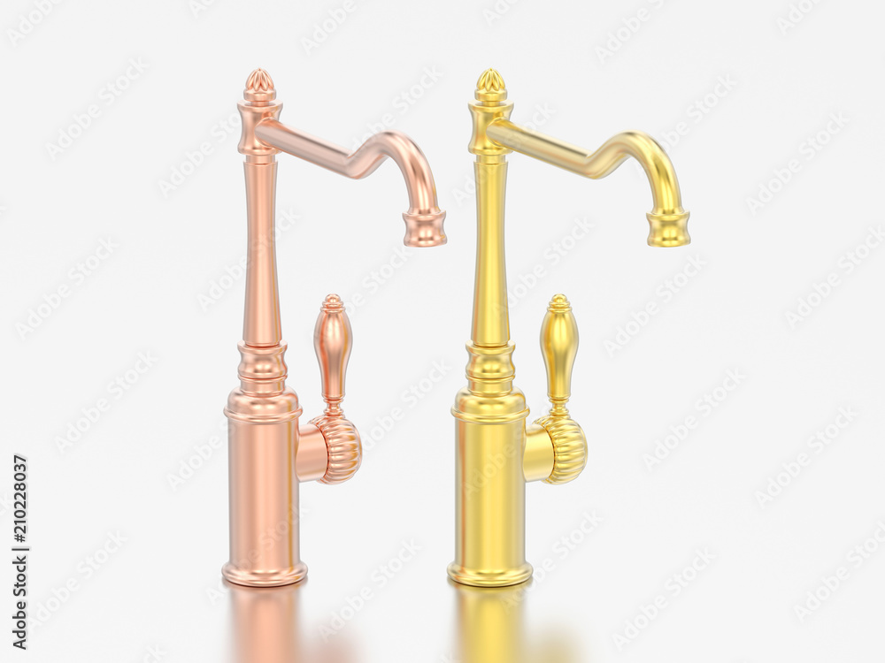 3D illustration two rose and yellow gold chrome vintage old faucets on a grey background 3D illustration two rose and yellow gold chrome vintage old faucets on a grey background